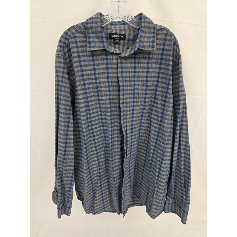 Claiborne Mens Blue Grey Plaid Stretch Cotton Button Down Shirt XLT Tall